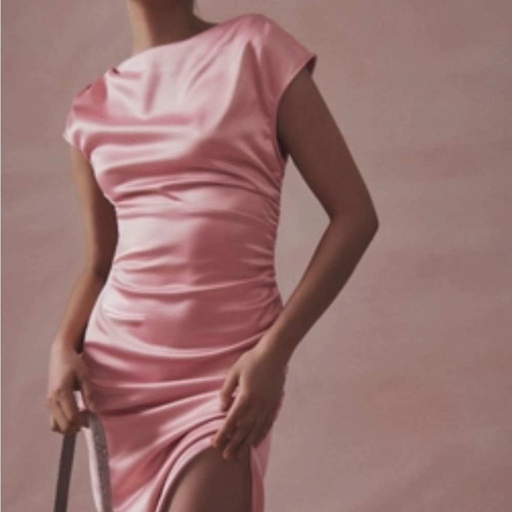 Anthropologie 
BHLDN FRANCESCA HIGH-NECK STRETCH SATIN MIDI DRESS